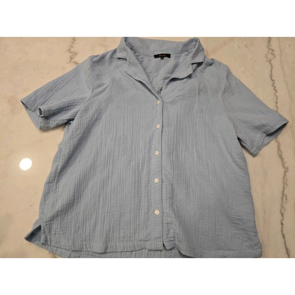 Quince Shirt Women Small Blue Organic Cotton Short Sleeve Button Gauze Collared